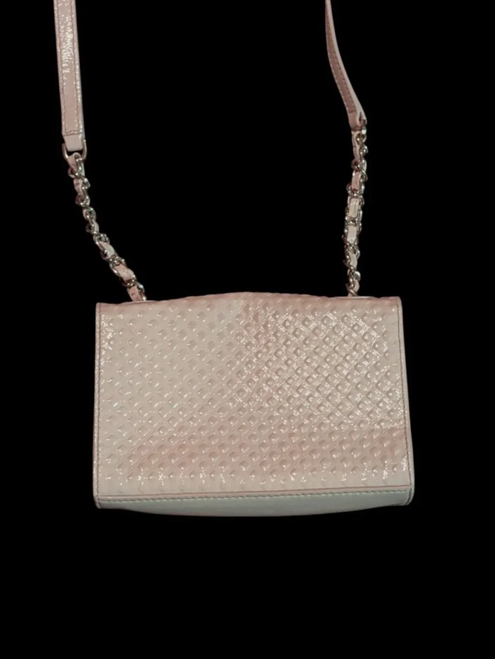 Tory Burch Marion Embossed Diamond Pattern Pink Patent Leather Gold Hardware